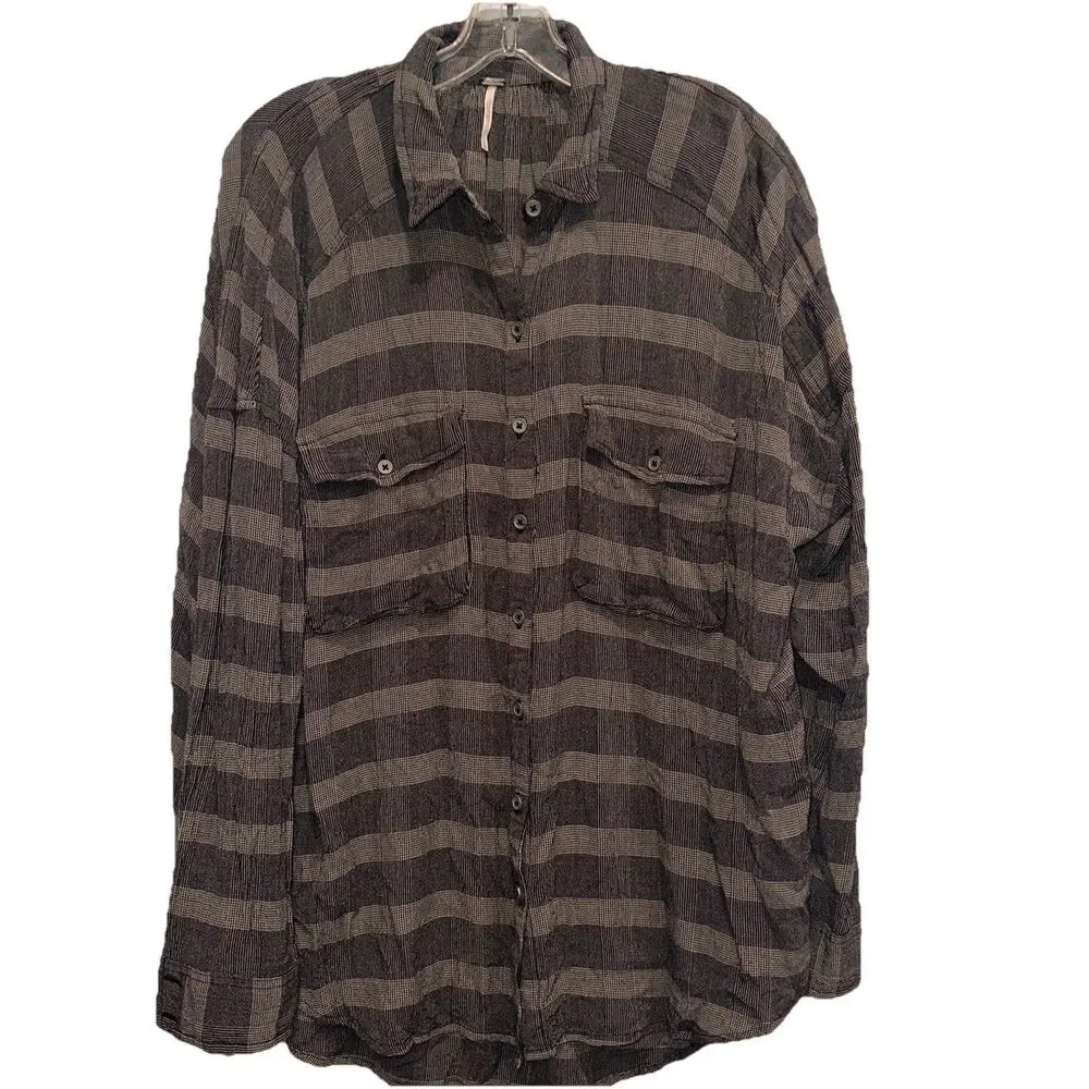 Free People Small Long Sleeve Relaxed Gray Striped Boho Shirt Oversized Button
